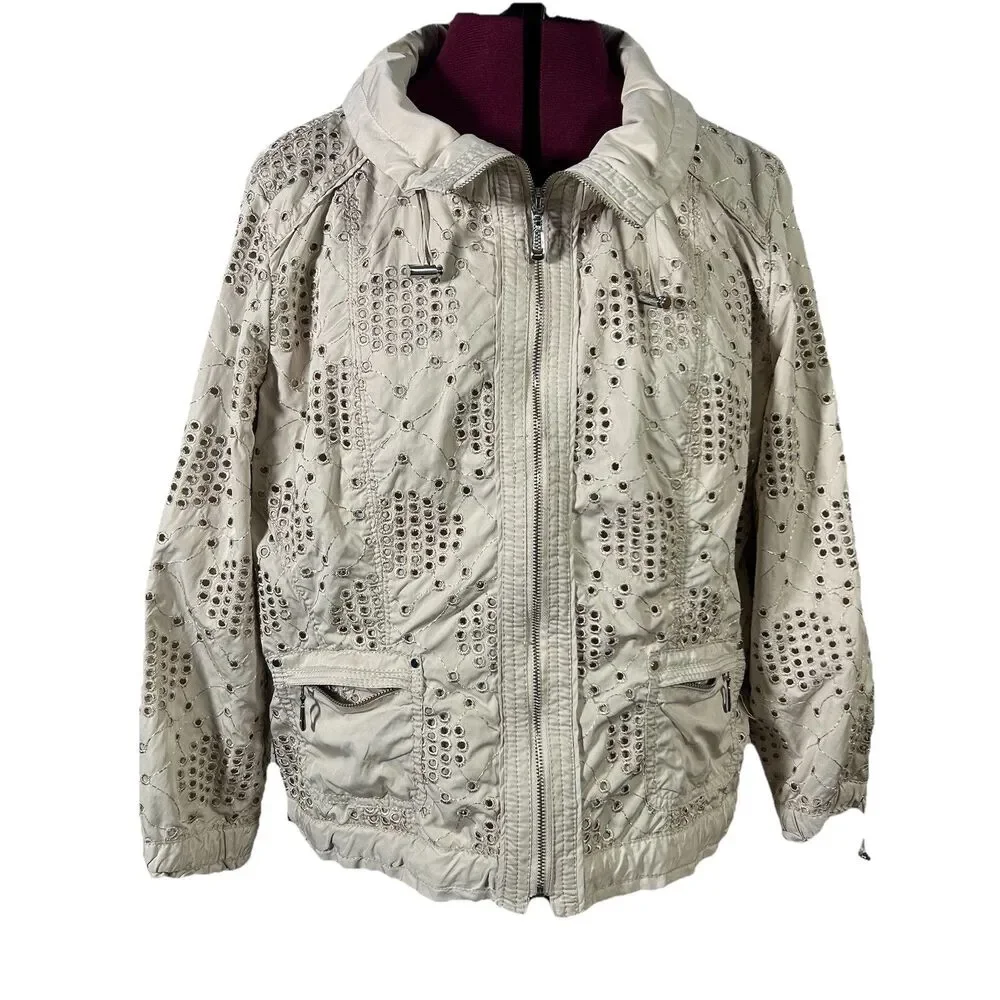 White House Black Market WHBM Sz 12 Beige Eyelet Jacket Full Zip Mock Neck Boho